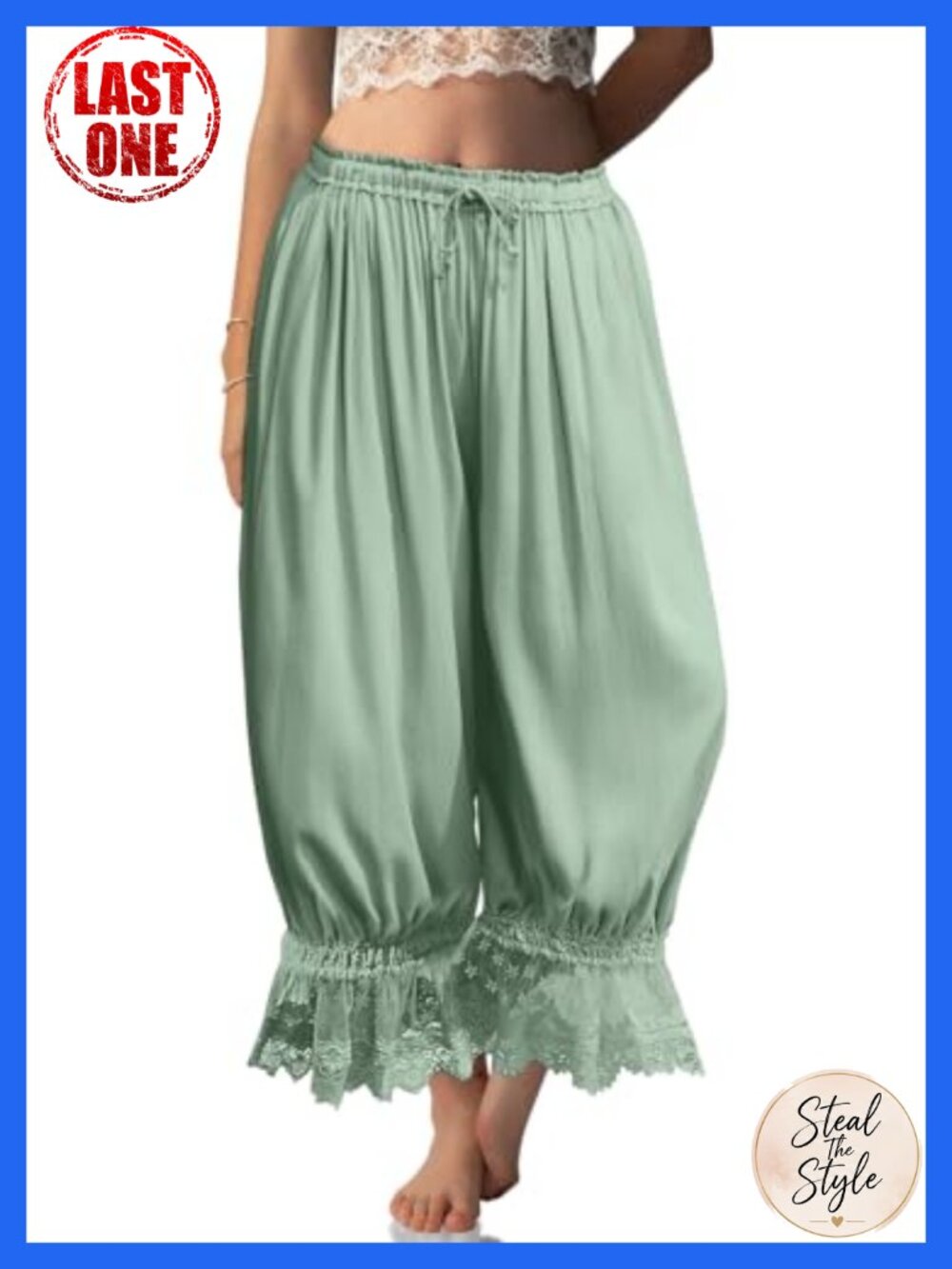Womens Linen Lace Trim Long Bloomers Pants with Pocket